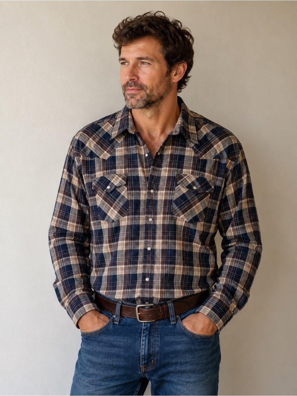 Ely Cattleman Plaid Western‎ Pearl Snap Shirt Mens XXLT Tall Man Brown Navy Blue